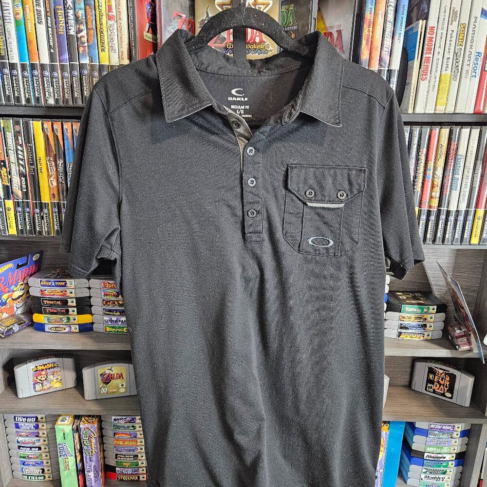 Oakley Polo Shirt Mens Large Black Solid Performance Pocket Hydrolix Golf Logo